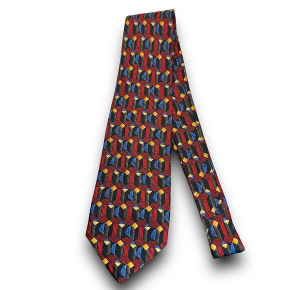 Robert Talbott 100% Silk Necktie Geometric Print Tie Maroon Gold Blue Black - Picture 2 of 5
